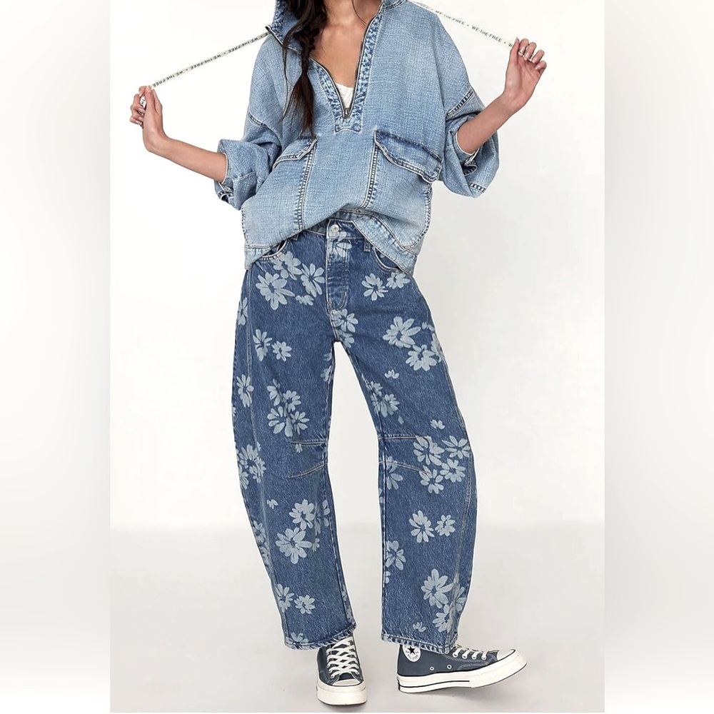 Barrel Jeans Baggy Wide Leg Jeans Floral Printed Boyfriend Patchwork XS